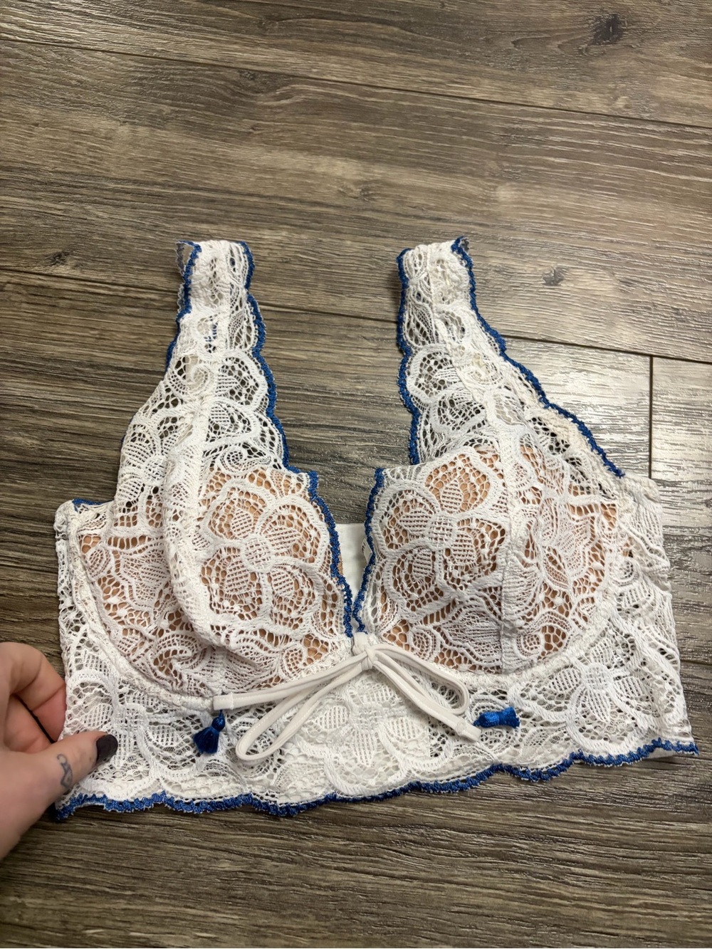 90s Intimissimi Italian Vintage Floral Lace Longline Corset Bra (White/Blue) 34C - Picture 2 of 8